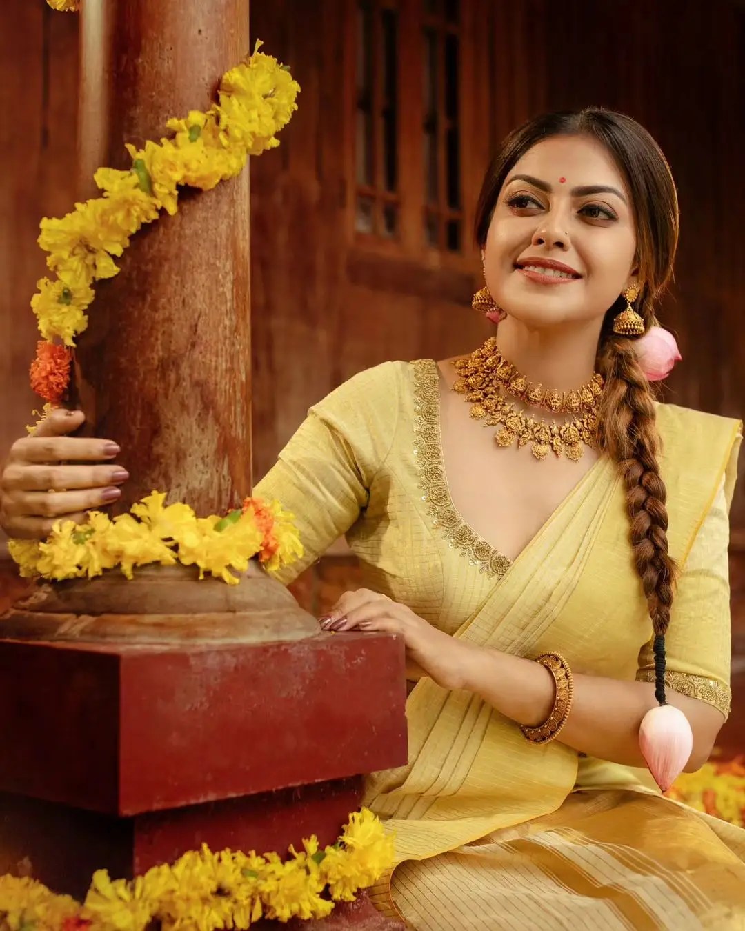 Anusree Nair Wearing Beautiful Earrings Jewellery Yellow Saree Blouse